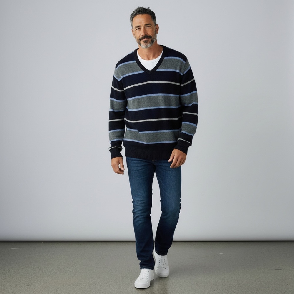 Tricots St Raphael V-Neck Cotton Long Sleeve Striped Sweater 3X Navy Quality